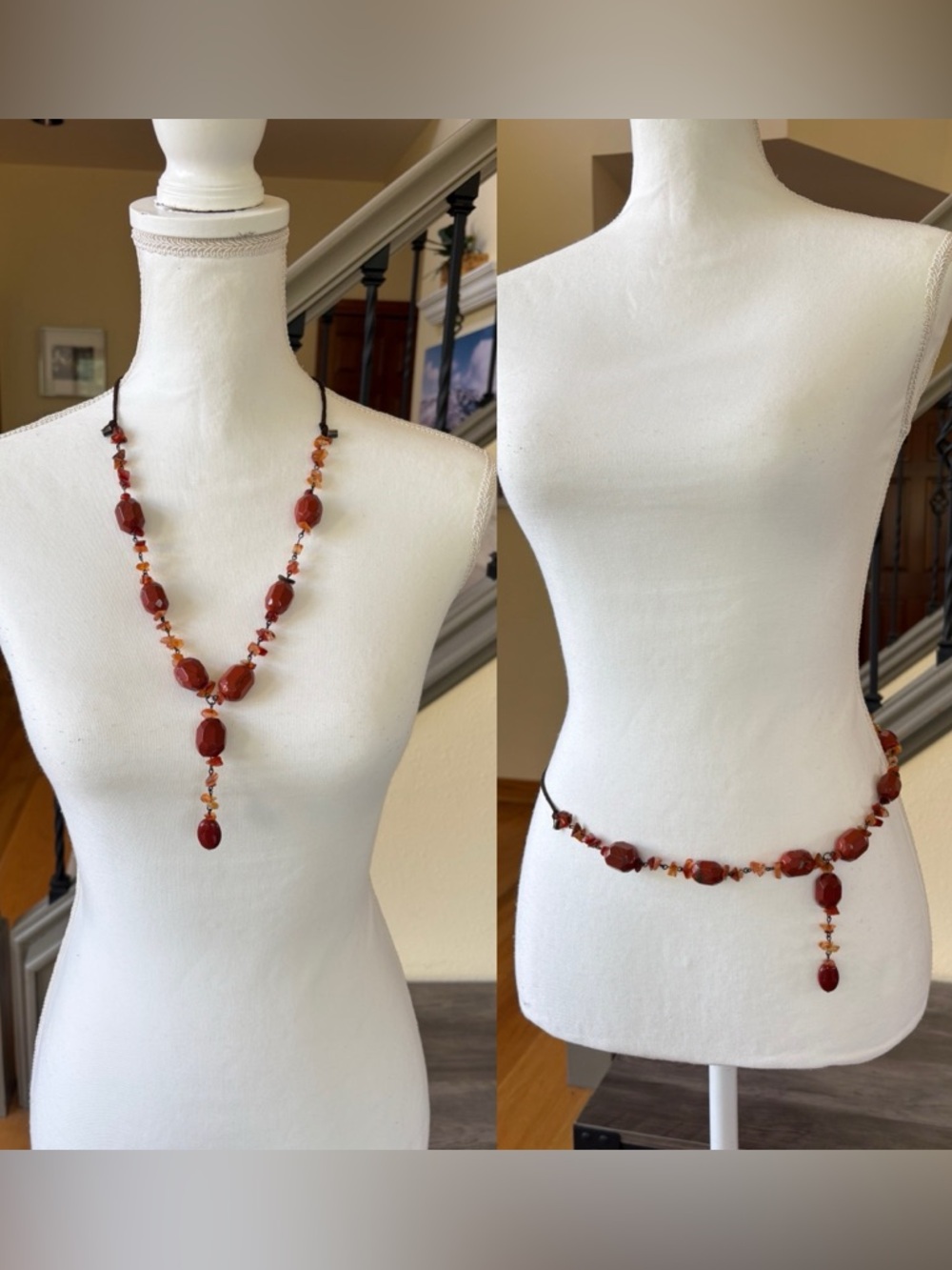 Brown & Amber Carnelian Bead Lariat Necklace or Waist Chain